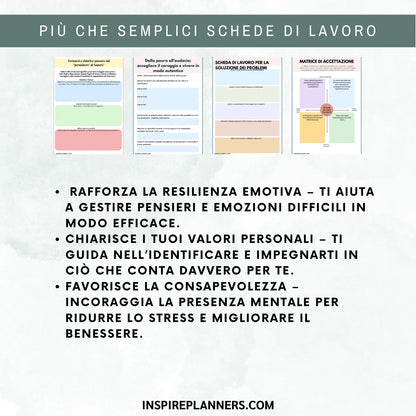 Anteprima delle schede ACT in italiano, con esercizi sui valori personali, sulla soluzione dei problemi e sulla matrice di accettazione.