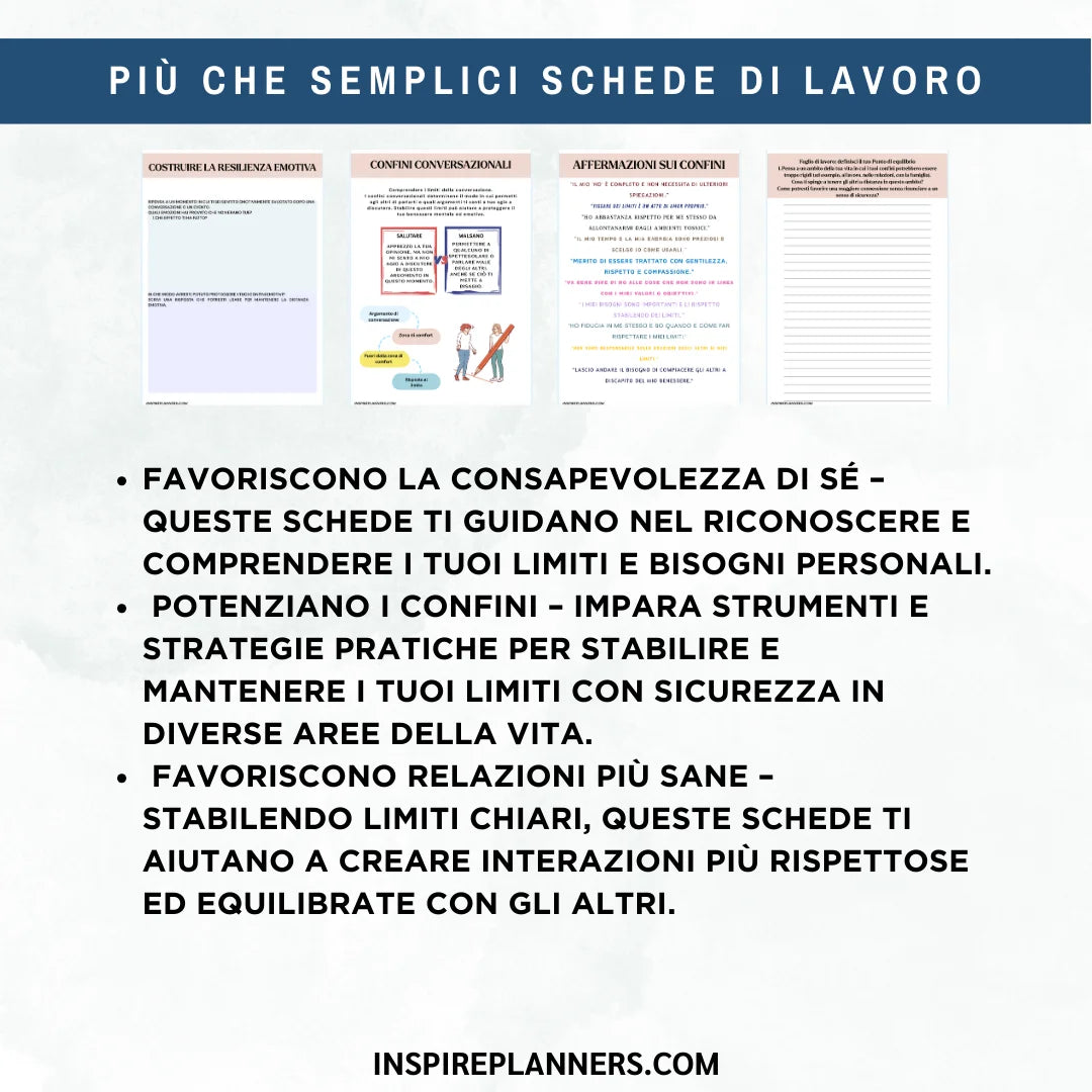 Anteprima delle schede sui confini personali in italiano, con esercizi sui bisogni individuali, sulla consapevolezza e sui limiti nelle relazioni.