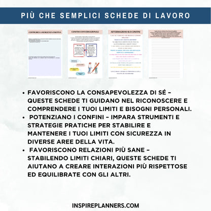 Anteprima delle schede sui confini personali in italiano, con esercizi sui bisogni individuali, sulla consapevolezza e sui limiti nelle relazioni.