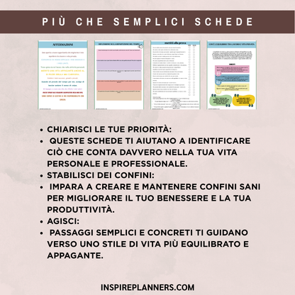 Anteprima delle schede sull’equilibrio vita-lavoro in italiano, con affermazioni ed esercizi sulle priorità e sui confini personali e professionali.