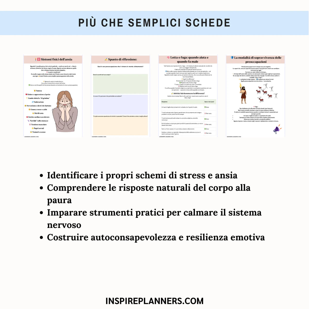 Anteprima delle schede Lotta o fuga in italiano, con sintomi fisici dell’ansia, spunti di riflessione ed esercizi sulle risposte allo stress.
