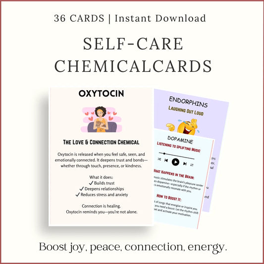 Printable Self-Care Chemical Cards featuring dopamine, serotonin, oxytocin, and endorphins activities for emotional wellness, instant download PDF.