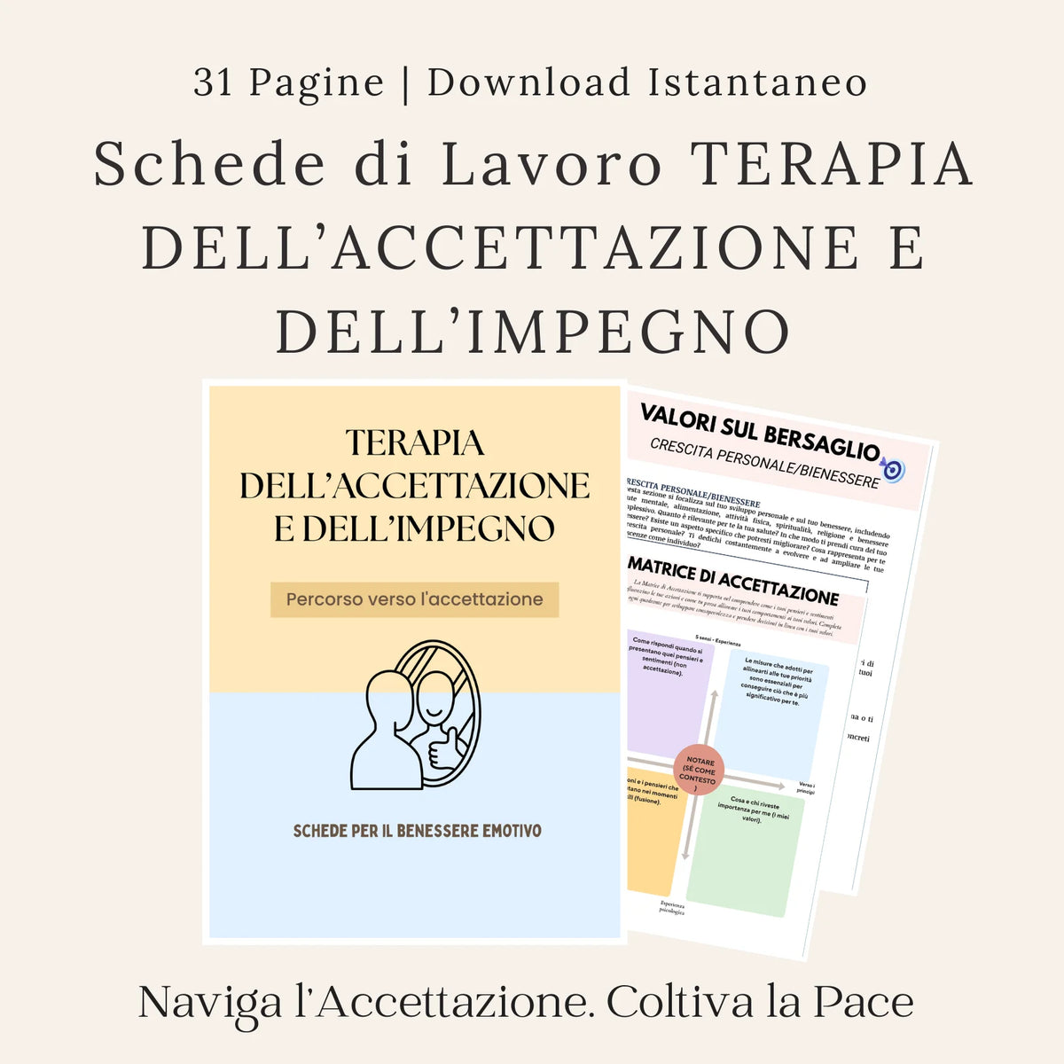 Quaderno di esercizi ACT in italiano, con schede sui valori personali e sulla matrice di accettazione.