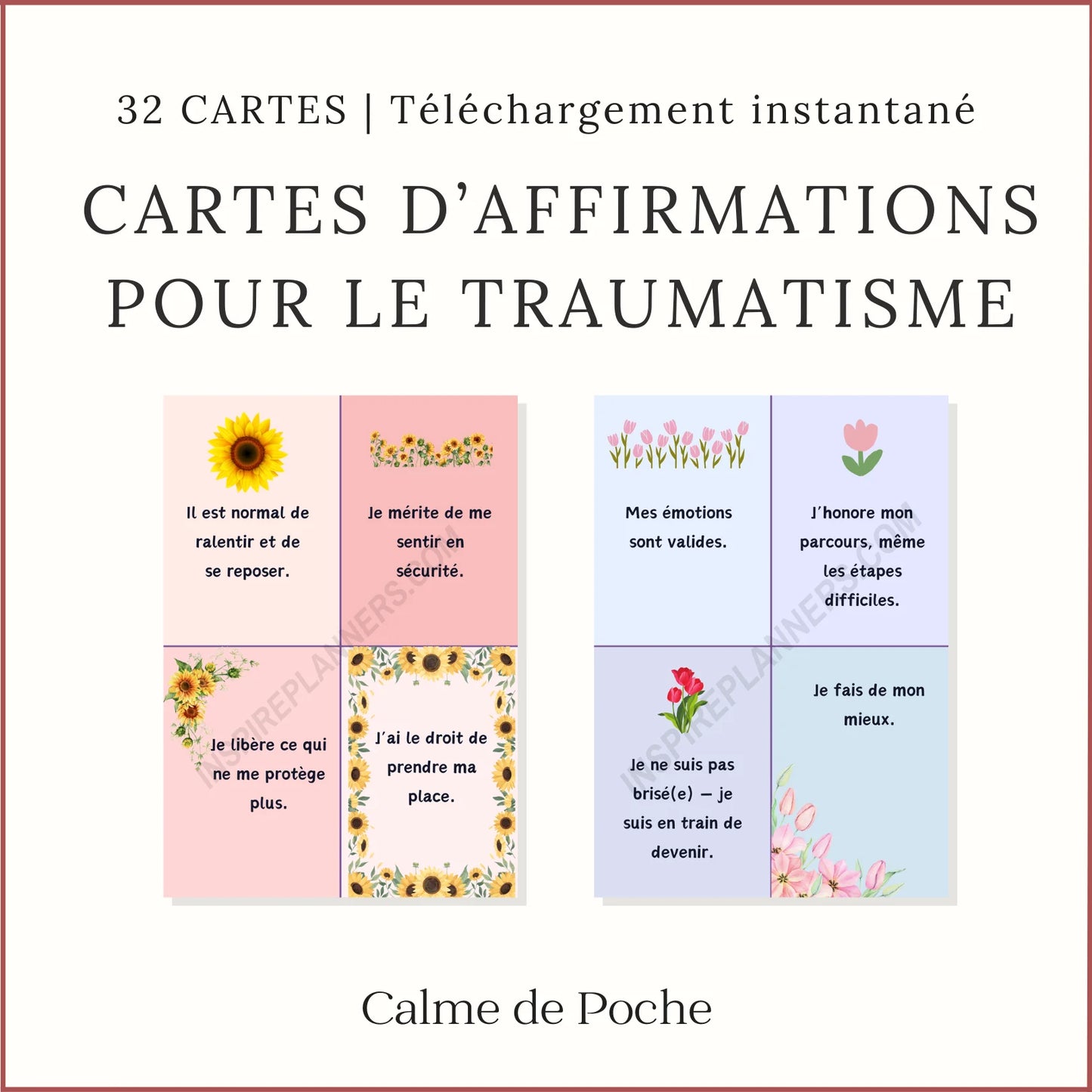 Cartes d’affirmations positives pour le traumatisme – 32 cartes PDF en français pour apaisement et confiance.