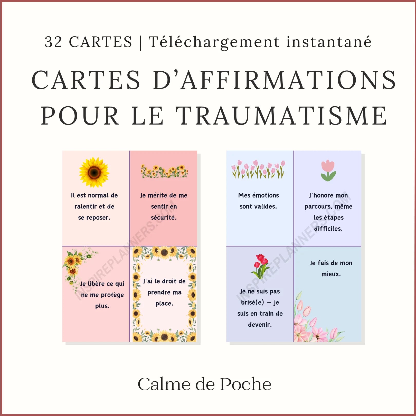 Cartes d’affirmations positives pour le traumatisme – 32 cartes PDF en français pour apaisement et confiance.