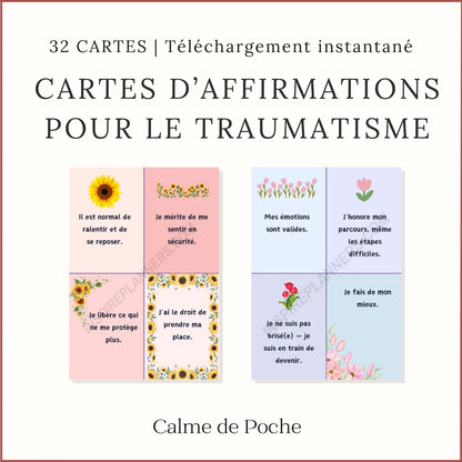 Cartes d’affirmations positives pour le traumatisme – 32 cartes PDF en français pour apaisement et confiance.