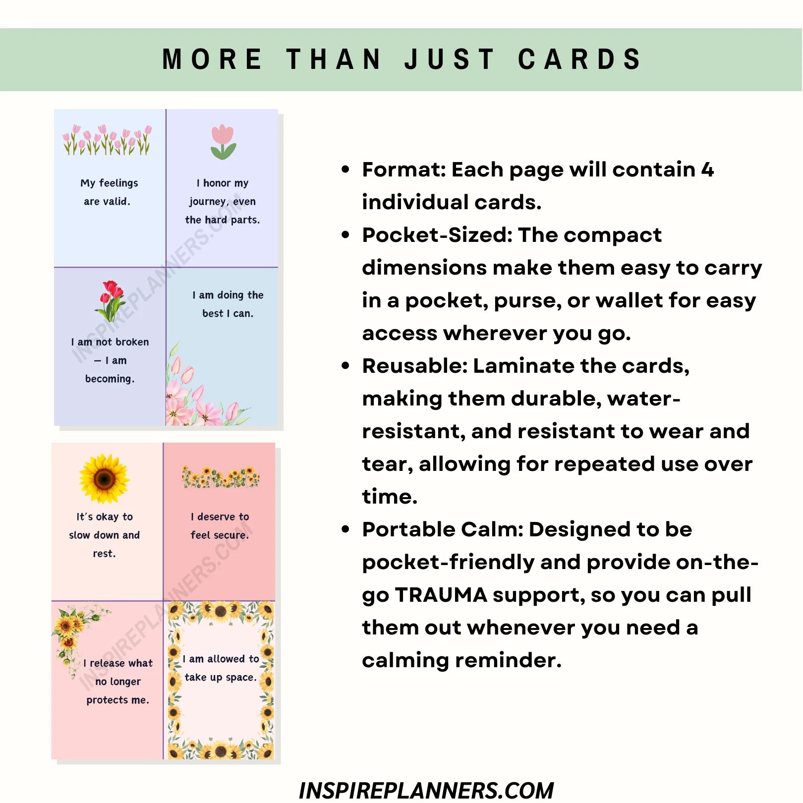 Trauma affirmation cards – pocket-sized printable coping tools with reusable calming reminders