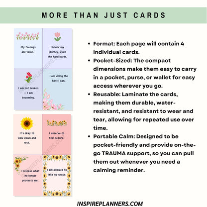 Trauma affirmation cards – pocket-sized printable coping tools with reusable calming reminders