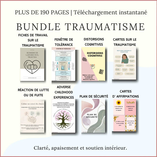 Bundle traumatisme PDF en français – plus de 190 pages de fiches, cartes et ressources de guérison.