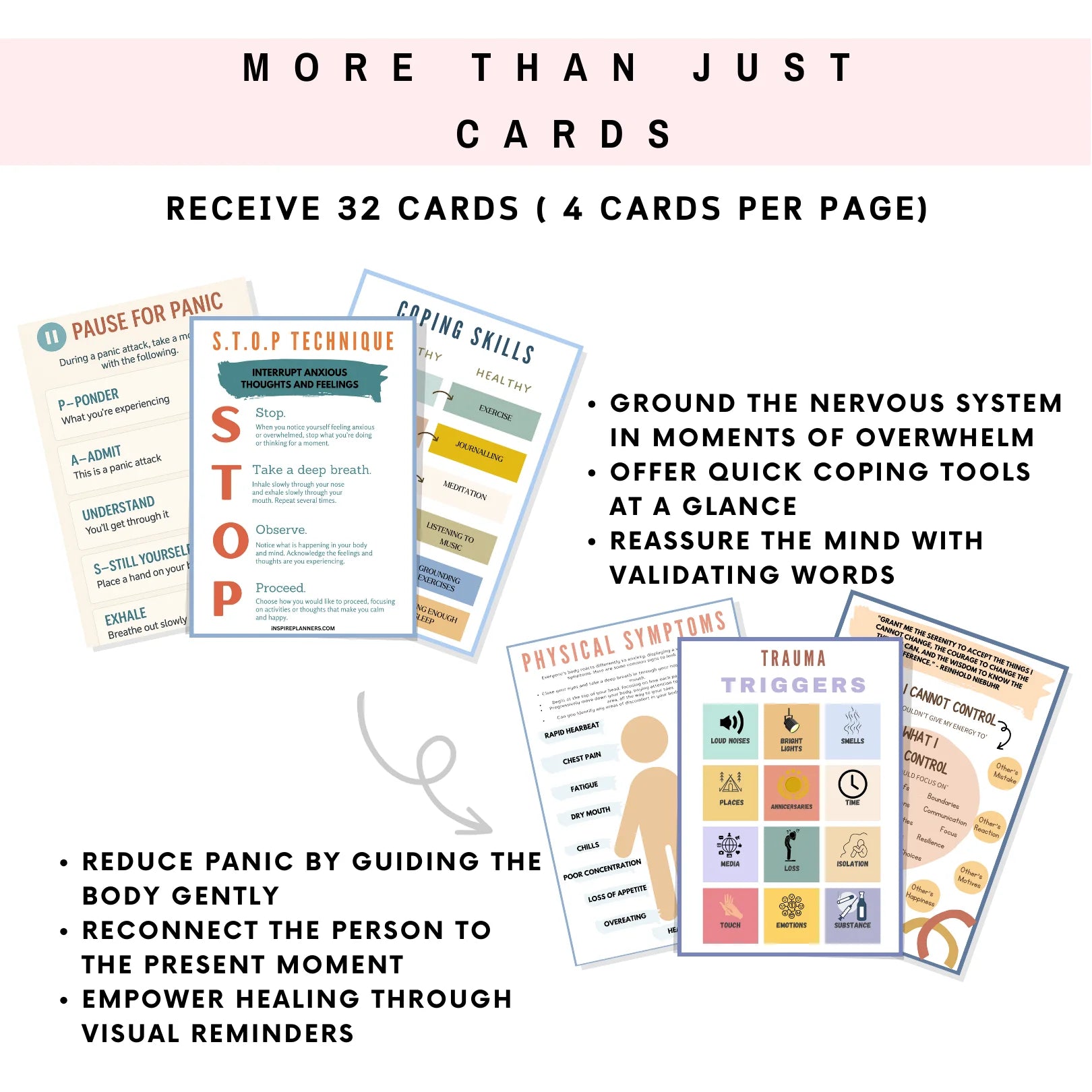 Set of 32 printable trauma cards with coping skills, grounding techniques, and quick tools for anxiety and PTSD support