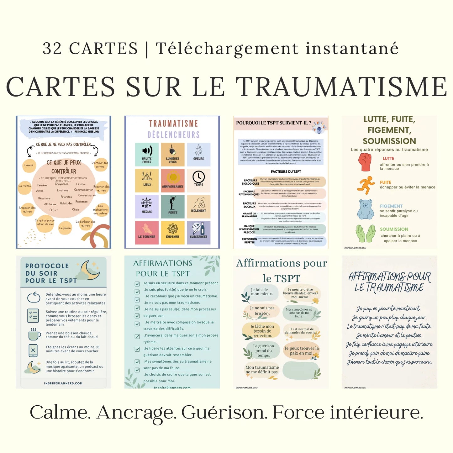 Cartes sur le traumatisme PDF en français – 32 cartes téléchargeables pour calmer, s’ancrer et guérir.