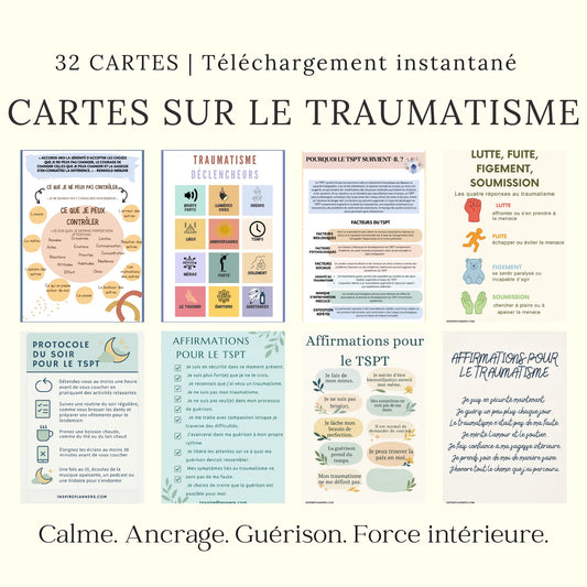 Cartes sur le traumatisme PDF en français – 32 cartes téléchargeables pour calmer, s’ancrer et guérir.