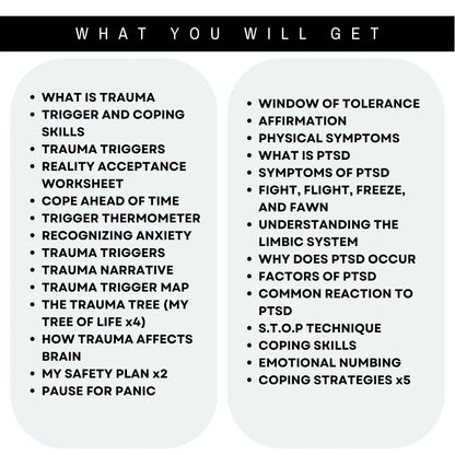 Printable trauma worksheets showing triggers, coping skills, PTSD symptoms, and reflection exercises for healing.