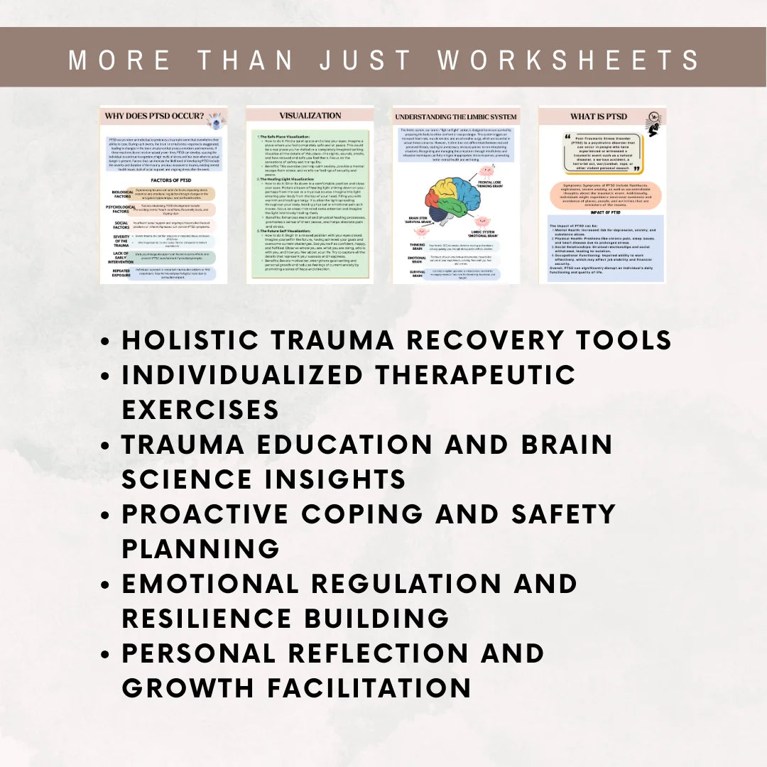Trauma worksheets with holistic tools for recovery, emotional regulation, coping skills, and brain science insights.
