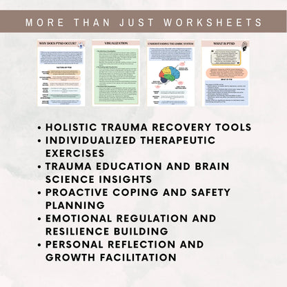 Trauma worksheets with holistic tools for recovery, emotional regulation, coping skills, and brain science insights.