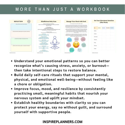 Ultimate Self-Care Workbook with printable self care worksheets, coping skills worksheets, mood trackers, and self love journal pages for mental wellness and burnout prevention.