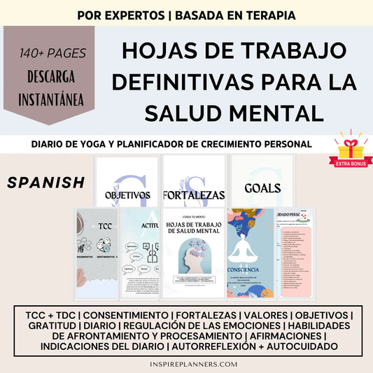 Portada del paquete de hojas de trabajo para la salud mental en español: fortalezas, objetivos y herramientas prácticas.
