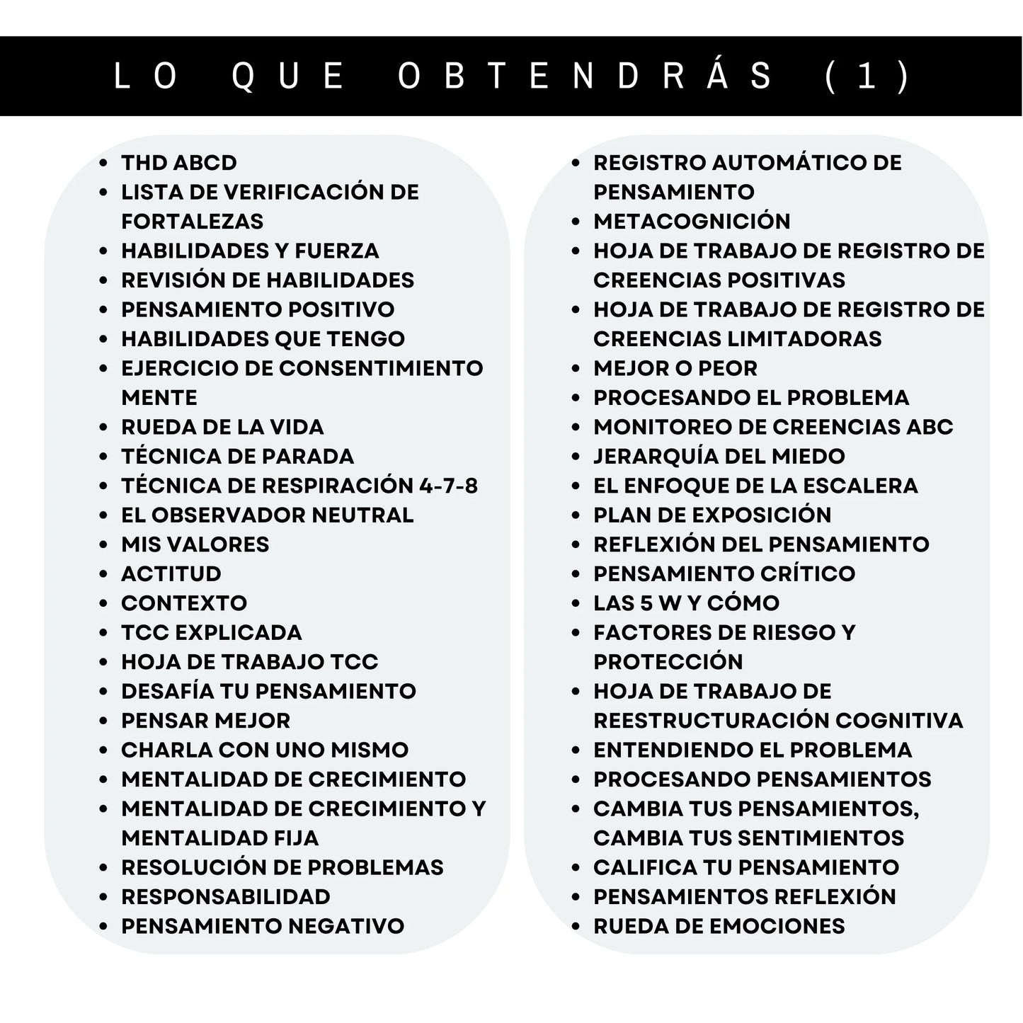 Lista detallada del contenido de las hojas de trabajo de salud mental en español: gratitud, ansiedad, resiliencia y bienestar.