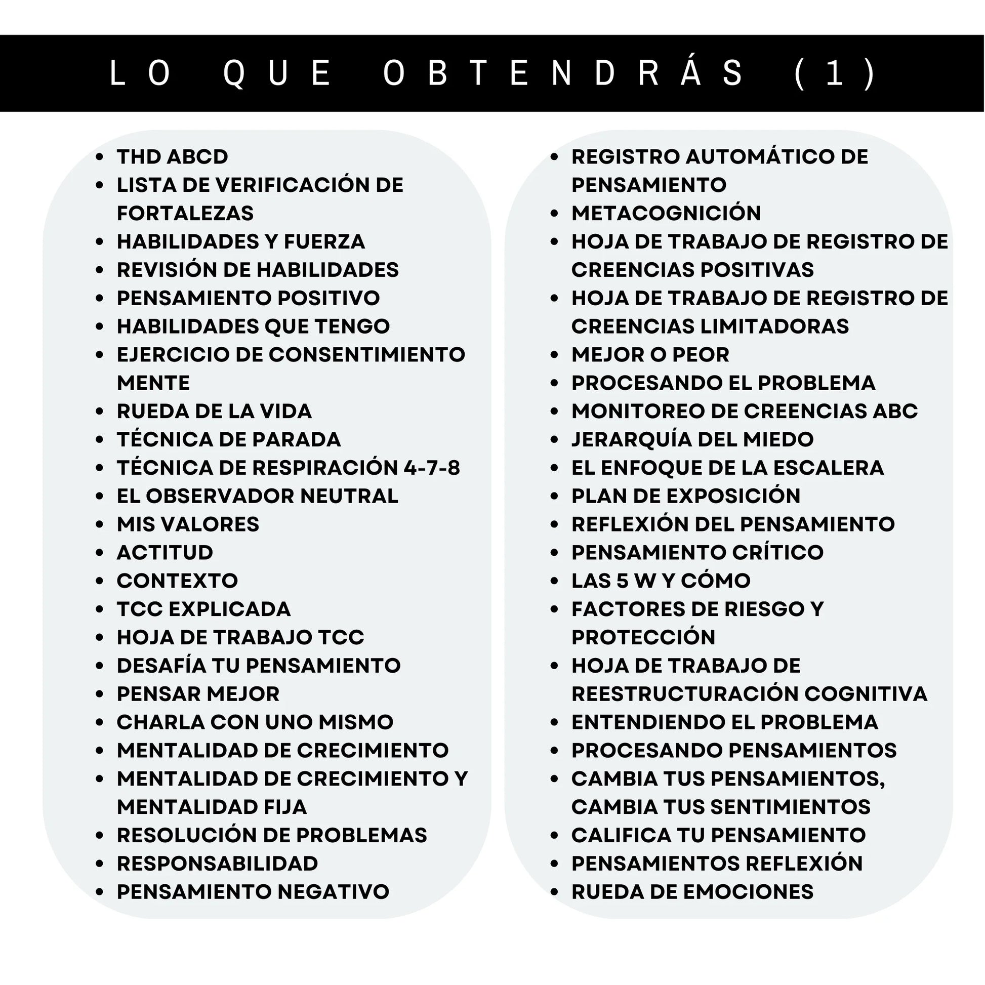 Lista detallada del contenido de las hojas de trabajo de salud mental en español: gratitud, ansiedad, resiliencia y bienestar.