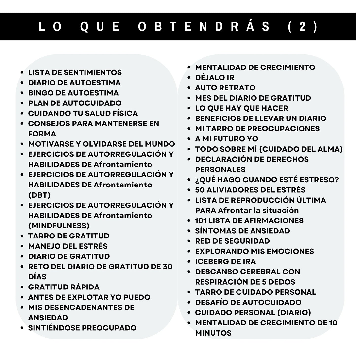 Más contenido del paquete de hojas de trabajo de salud mental en español: diario de gratitud, autorreflexión y manejo del estrés.