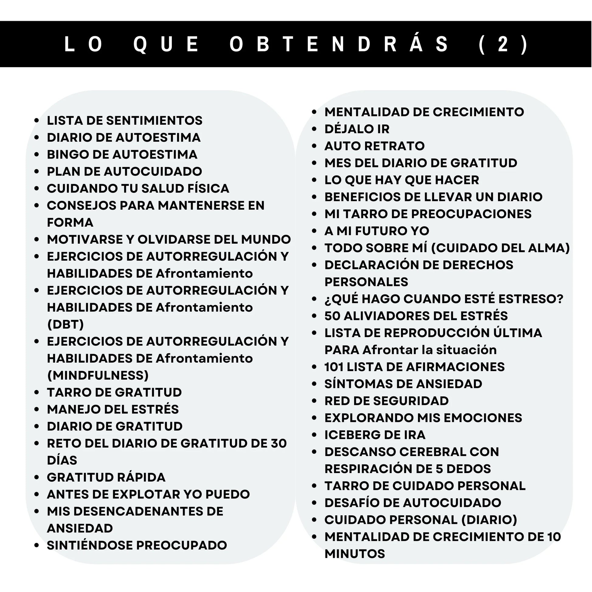 Más contenido del paquete de hojas de trabajo de salud mental en español: diario de gratitud, autorreflexión y manejo del estrés.