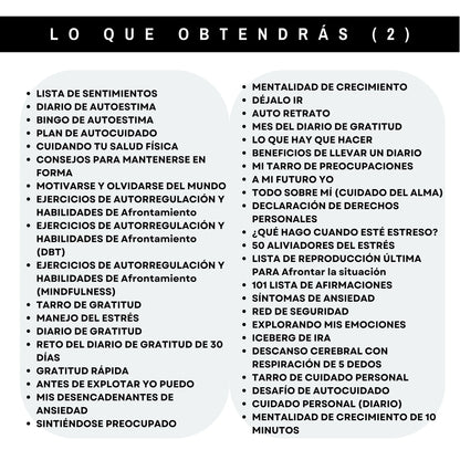 Más contenido del paquete de hojas de trabajo de salud mental en español: diario de gratitud, autorreflexión y manejo del estrés.