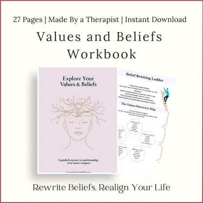 Values and Beliefs Workbook printable – guided worksheets to explore personal values, reframe beliefs, and realign life.
