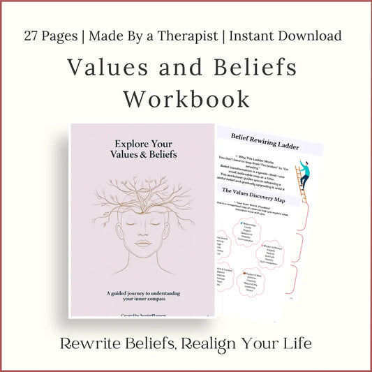 Values and Beliefs Workbook printable – guided worksheets to explore personal values, reframe beliefs, and realign life.