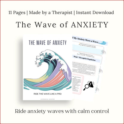 Printable Wave of Anxiety Workbook with worksheets for riding emotional waves and managing anxiety, 11-page instant download PDF.