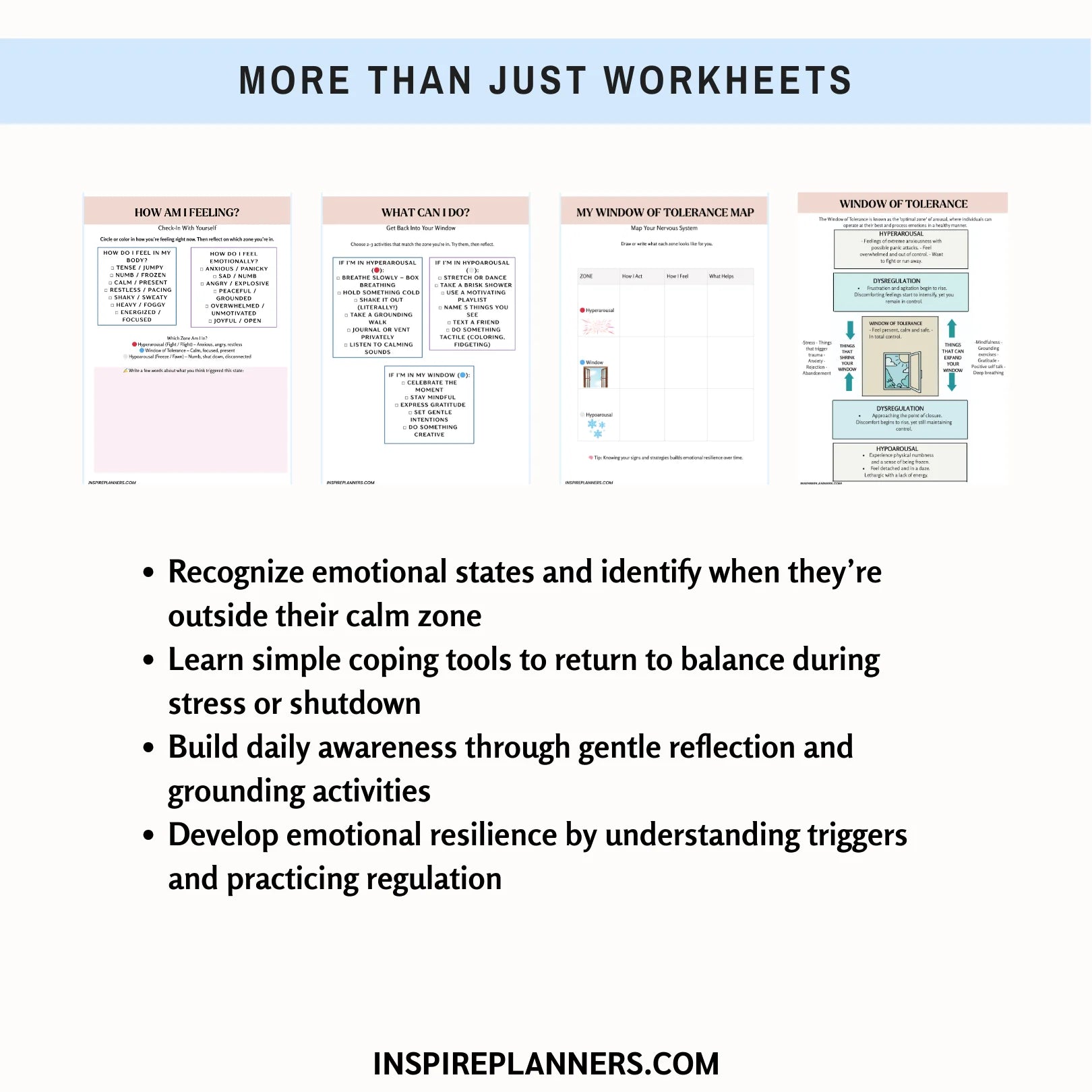 Window of Tolerance worksheets printable – tools for emotional regulation, stress relief, and self-awareness